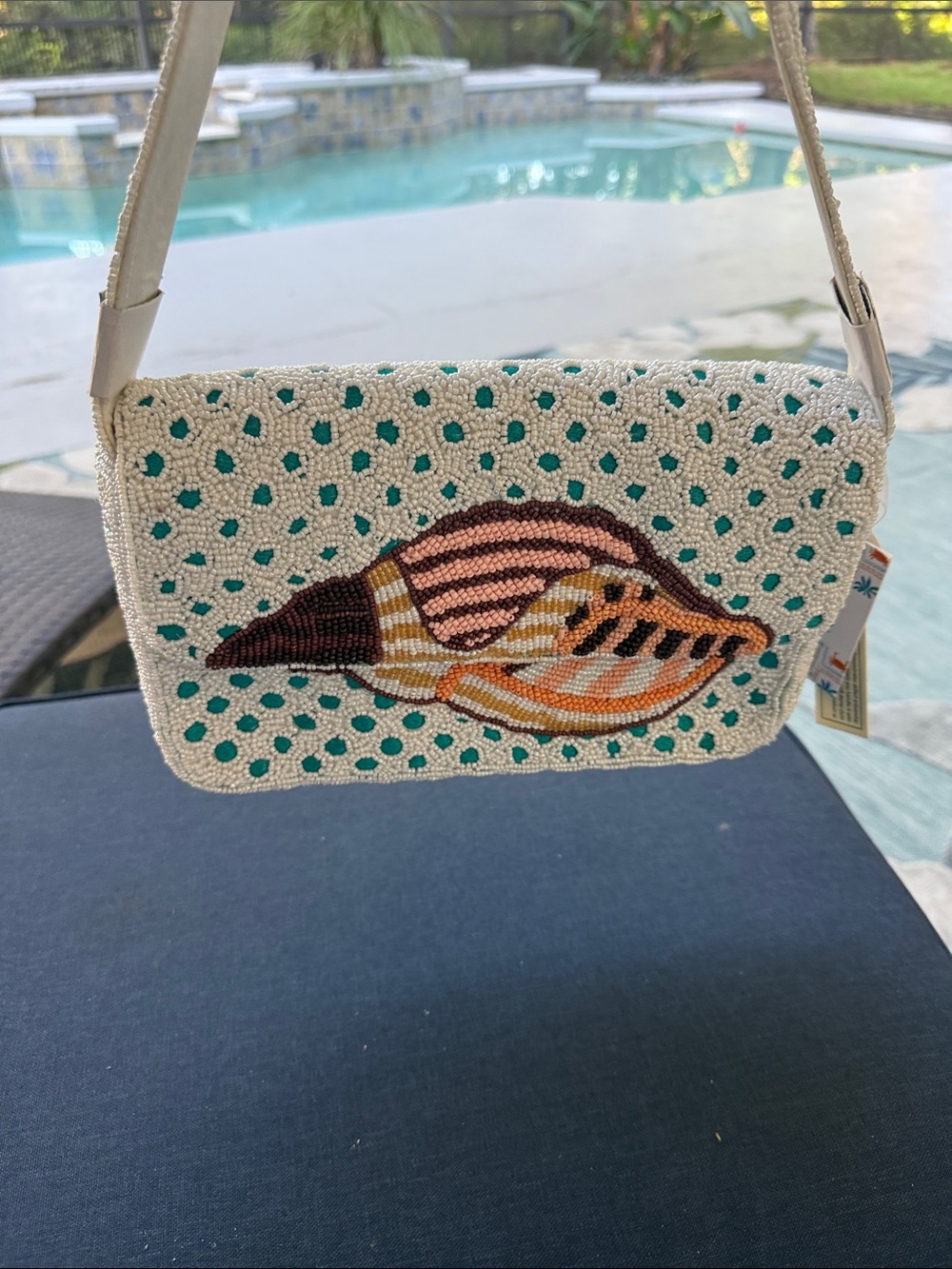 Beaded Seashell Shoulder Bag in Cream and Teal